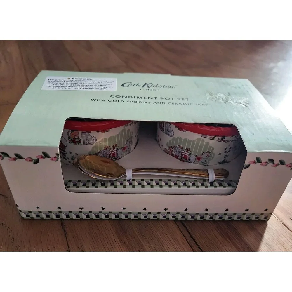 Cath Kidston Condiment Pot Set‎ With Gold Spoons & Ceramic Tray